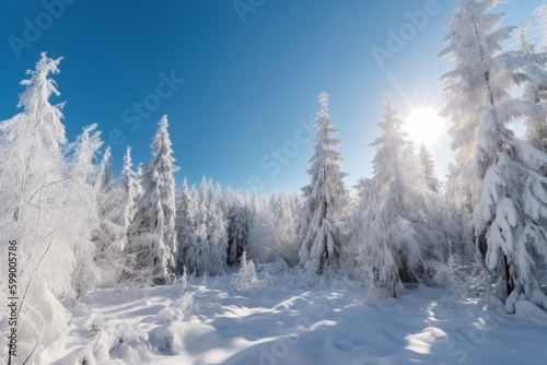 An amazingly beautiful fairy-tale panorama of the nature of a winter forest with shaggy snow-covered firs, deep snowdrifts and light snowfall. generative ai. © Zakaria