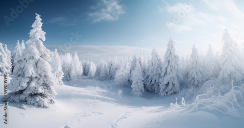 An amazingly beautiful fairy-tale panorama of the nature of a winter forest with shaggy snow-covered firs, deep snowdrifts and light snowfall. generative ai.