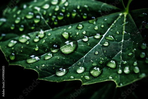 Beautiful large drop morning dew in nature, selective focus. Drops of clean transparent water on leaves. Spring summer natural background. AI generated content