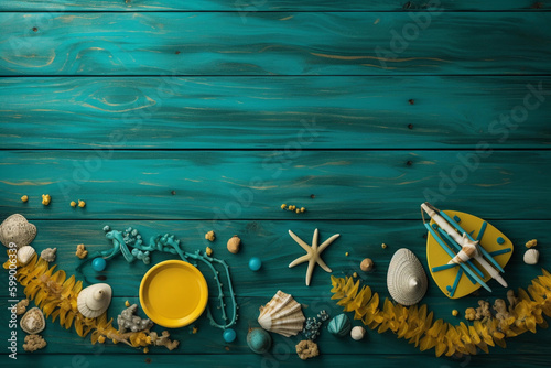 Seashells on blue wooden plank with straw hat and flip-flop, generative ai, starfish wood background 