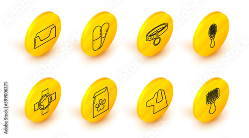 Set line Hair brush for dog and cat, Dog, Bag of food pet, Veterinary clinic symbol, Collar with name tag, pills and Pet bed icon. Vector