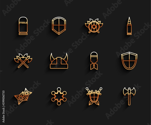 Set line Japanese ninja shuriken, Police badge, Cartridges, Medieval shield with crossed swords, axe, Viking horned helmet, Shield and Aviation bomb icon. Vector