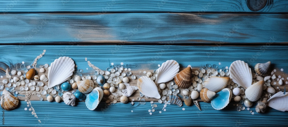 Fototapeta premium Seashells on blue wooden plank with straw hat and flip-flop, generative ai, starfish wood background 