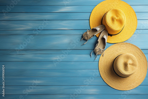 Seashells on blue wooden plank with straw hat and flip-flop, generative ai, starfish wood background 
