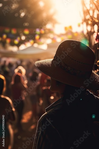 people wearing farmer hat celebrating festa junina. silhouette crowd of people celebrate festas juninas. colorful garland june brazilian festival. sao joao. generative ai illustration