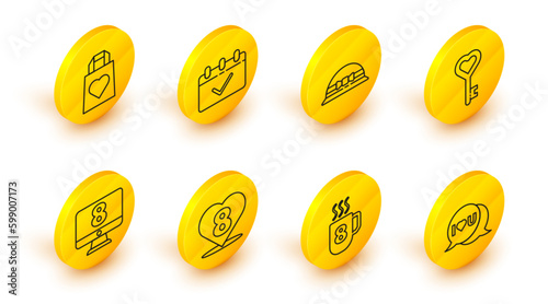 Set line Speech bubble with I love you, Coffee cup 8 March, Heart, on monitore, Key in heart shape, Elegant women hat, Calendar and Shopping bag icon. Vector