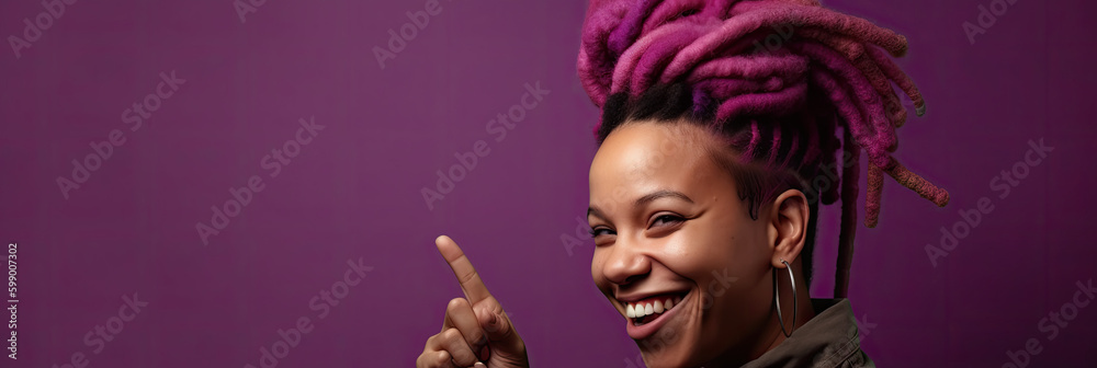 Fototapeta premium Portrait of a woman with magenta dreadlocks pointing her index finger up, banner on dark magenta background, generative ai illustration