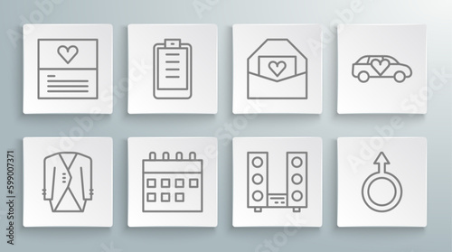 Set line Suit, Clipboard with checklist, Calendar, Home stereo two speakers, Male gender symbol, Envelope Valentine heart, Limousine car and Greeting card icon. Vector