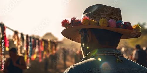 people wearing farmer hat celebrating festa junina. silhouette crowd of people celebrate festas juninas. colorful garland june brazilian festival. sao joao. generative ai illustration