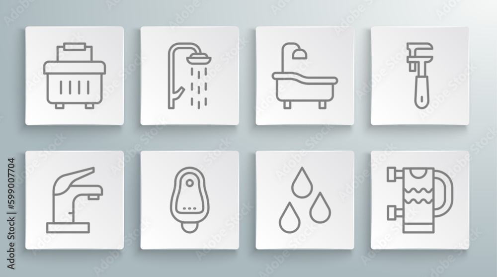 Set line Water tap, Shower, Toilet urinal or pissoir, drop, Heated towel rail, Bathtub, Pipe adjustable wrench and Toolbox icon. Vector Set line Water tap, Shower, Toilet urinal or pissoir, drop, Heated towel rail, Bathtub, Pipe adjustable wrench and Toolbox icon. Vector