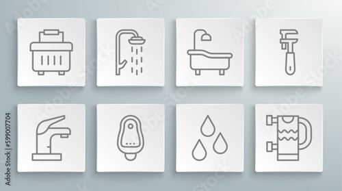 Set line Water tap, Shower, Toilet urinal or pissoir, drop, Heated towel rail, Bathtub, Pipe adjustable wrench and Toolbox icon. Vector