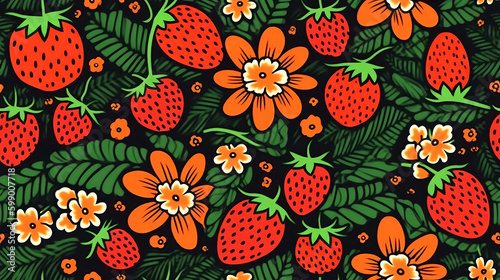 Seamless pattern with flowers and strawberries. Generative AI