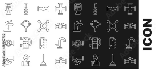 Set line Industry pipe and valve, Water tap, metallic, Filter wrench, Pressure water meter and icon. Vector