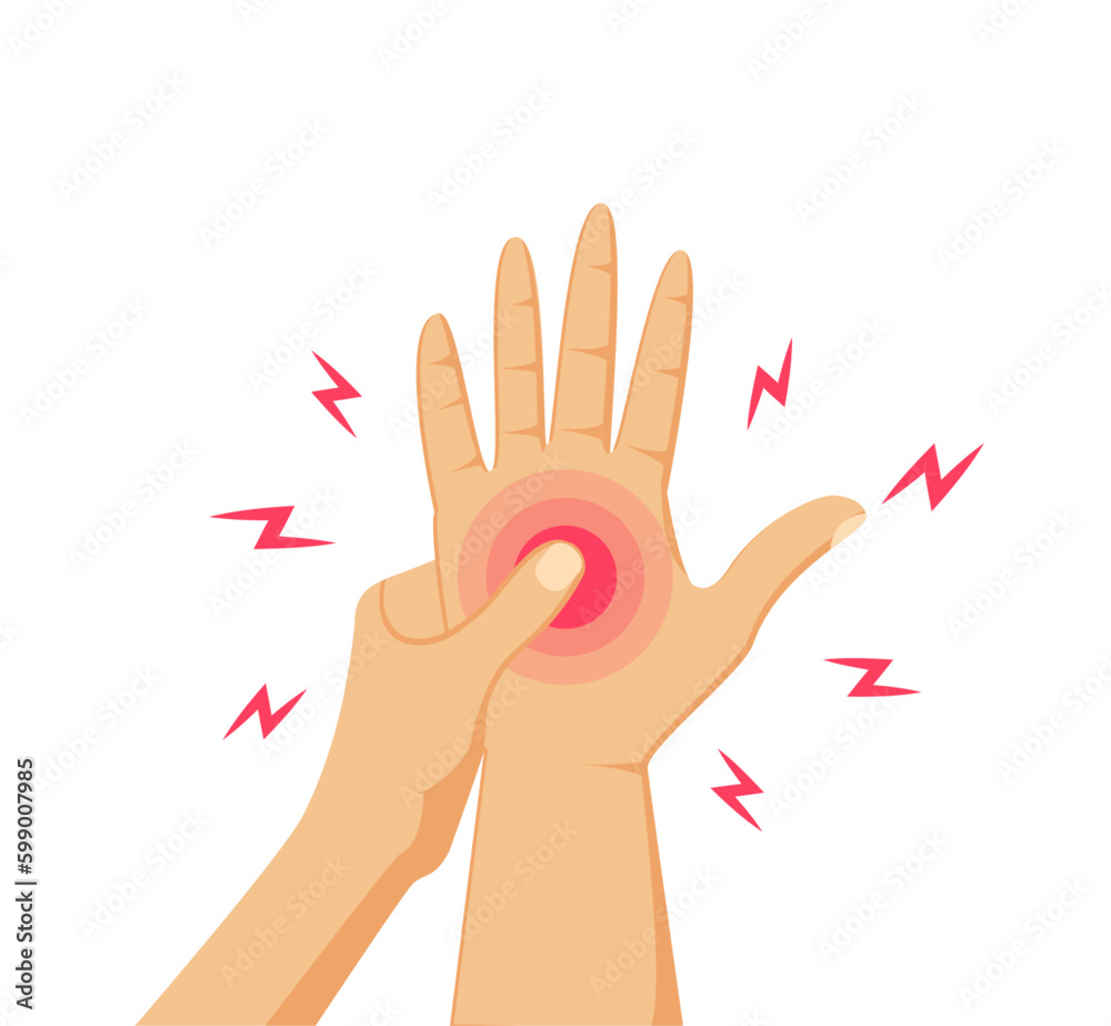 Fototapeta premium Hand ache vector illustration. Numb arm. Finger sore. Palm pain. Nerves numbness. Chronic arthritis