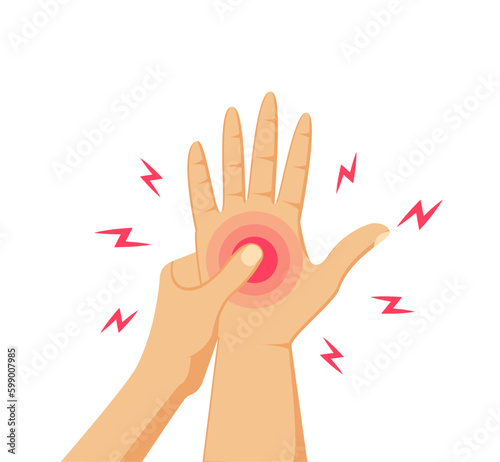 Hand ache vector illustration. Numb arm. Finger sore. Palm pain. Nerves numbness. Chronic arthritis
