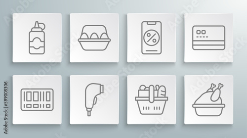 Set line Barcode, Chicken egg in box, Scanner scanning bar, Shopping basket and food, Roasted turkey or chicken, Percent discount mobile, Credit card and Sauce bottle icon. Vector