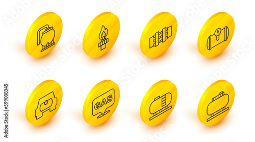 Set line Oil tank storage, Location and gas station, Gas for vehicle, Metallic pipes valve, rig with fire and icon. Vector