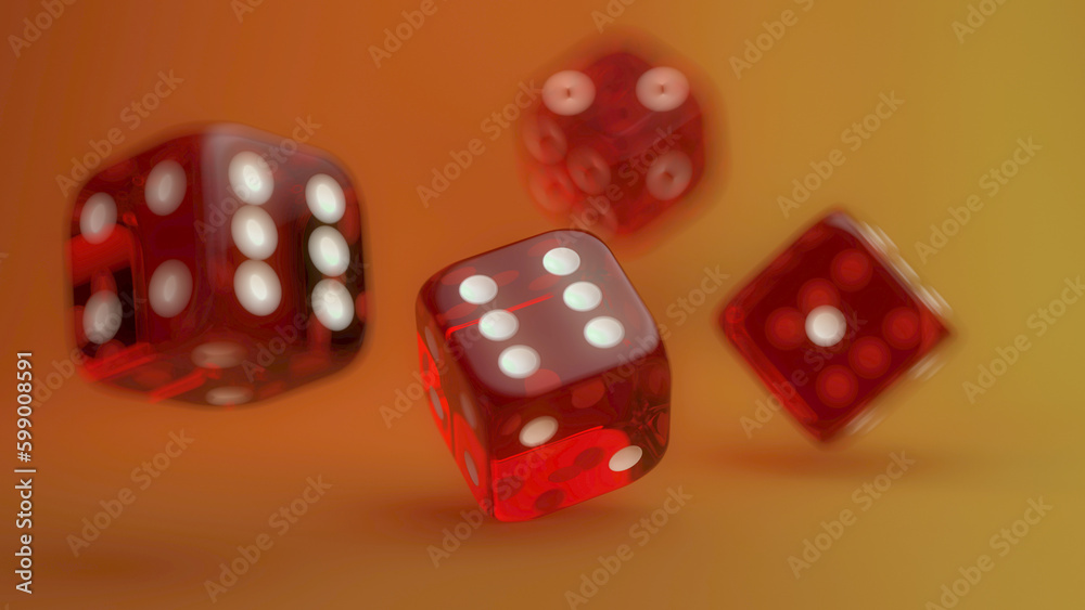 3D Illustration of Red dices flying and spinning in the air 3D Illustration of Red dices flying and spinning in the air