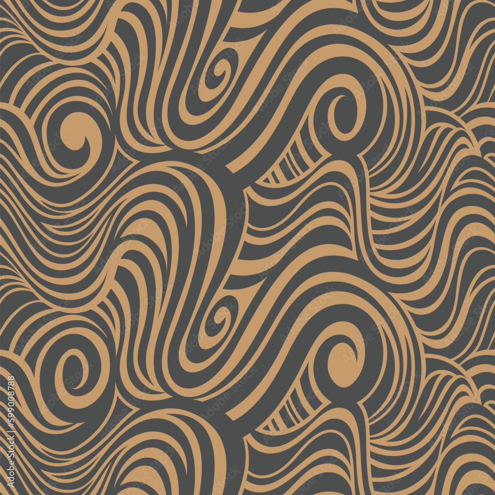 Geometric composition of black wavy stripes on a brown background forming swirls, curls, waves, and spirals.  Graphic textile texture. Seamless abstract pattern. Vector illustration. 