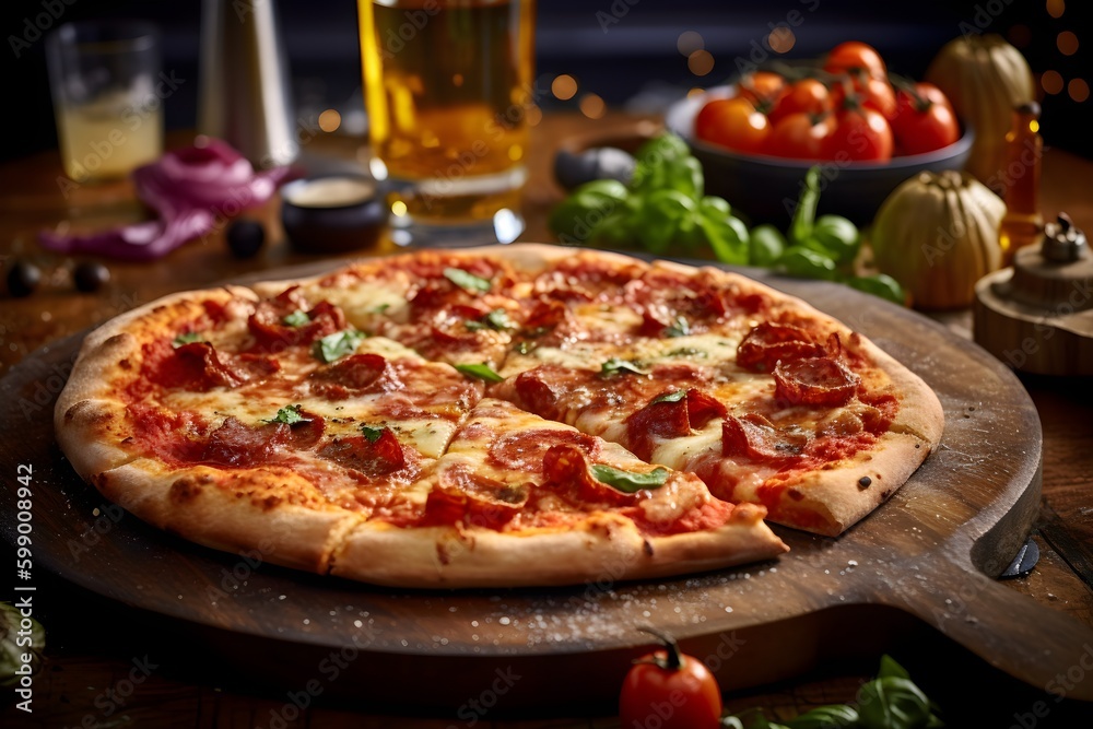 A delicious, freshly-made pizza with multiple toppings and presented on a wooden board. Kitchen and ingredients in the background. Generative AI, Ai, generative