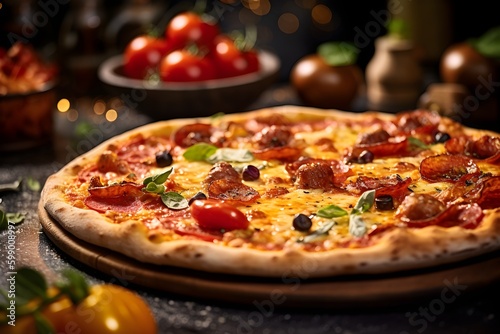 A delicious, freshly-made pizza with multiple toppings, cheese and tomato sauce. Kitchen and ingredients in the background. Generative AI.