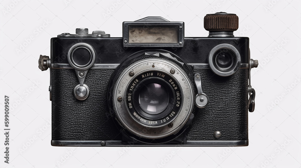 pequena câmera fotográfica analógica vintage com tira de couro preto, elemento de design isolado, perfeito para colagem ou cenas planas/vista superior, equipamento fotográfico antigo