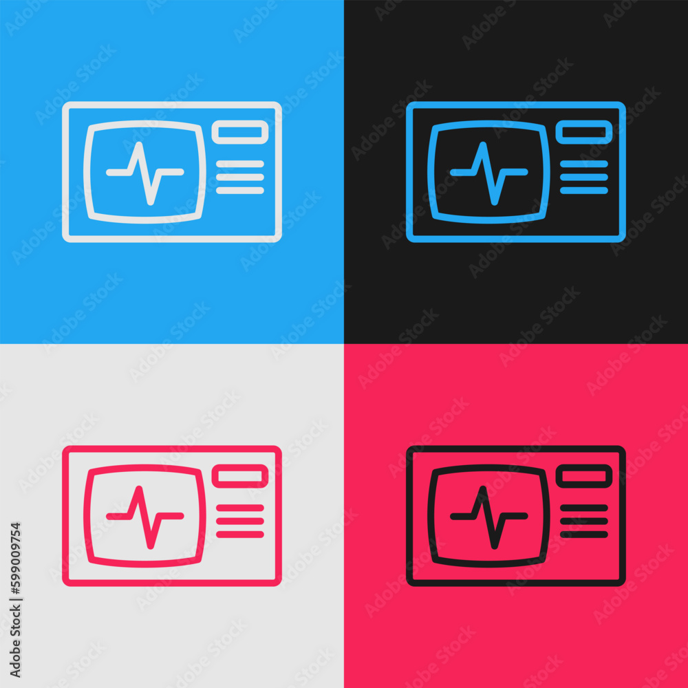 Pop art line Computer monitor with cardiogram icon isolated on color background. Monitoring icon. ECG monitor with heart beat hand drawn. Vector Pop art line Computer monitor with cardiogram icon isolated on color background. Monitoring icon. ECG monitor with heart beat hand drawn. Vector