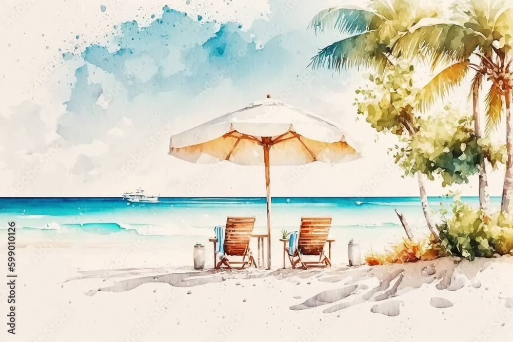 Beautiful beach banner. White sand, chairs and umbrella travel tourism wide panorama background concept. Amazing beach watercolor landscape watercolor painting
 Generative Ai. 