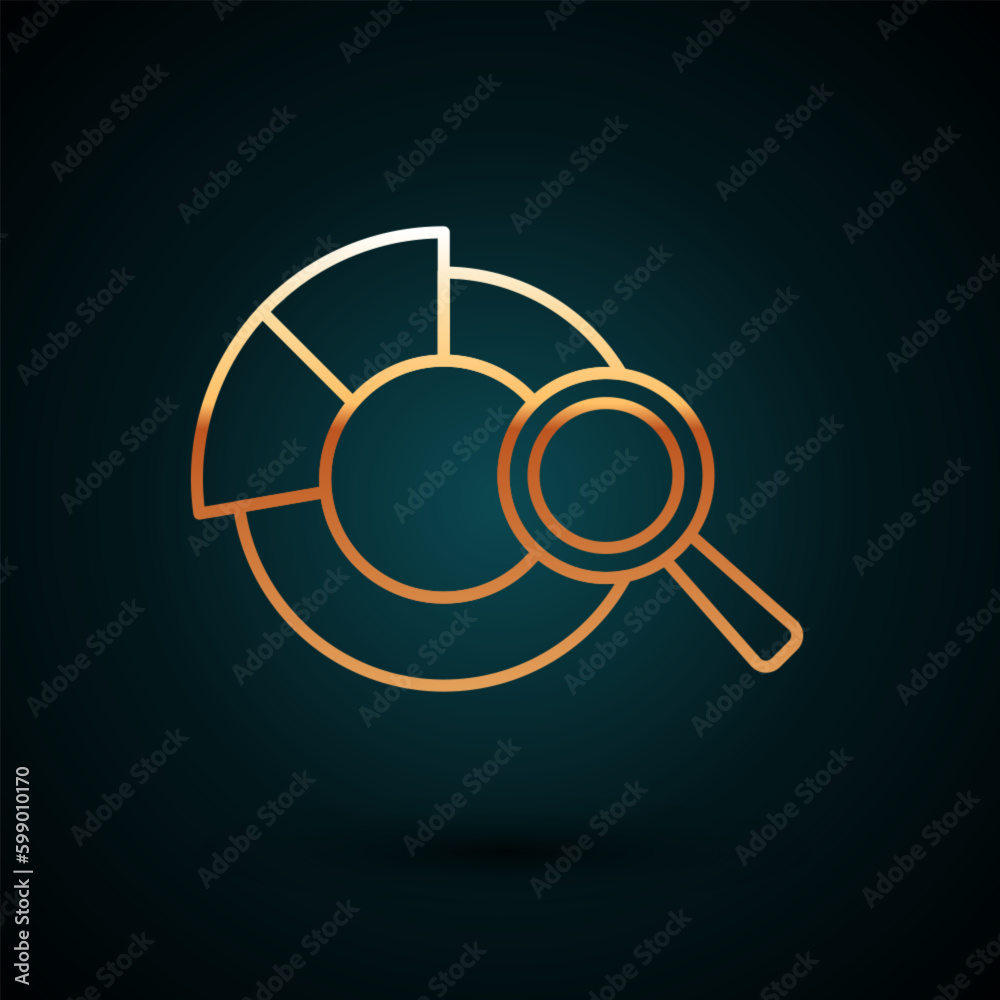 Gold line Magnifying glass and data analysis icon isolated on dark blue background. Search sign. Vector Gold line Magnifying glass and data analysis icon isolated on dark blue background. Search sign. Vector