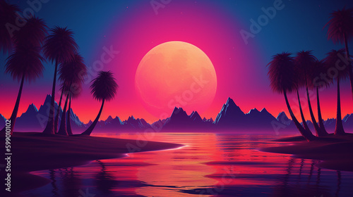 P  r do sol retrofuturista  no fundo colorido da praia com super lua atr  s dele