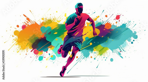Arte vetorial em execução. Arte da silhueta de um homem correndo uma maratona. Respingo de tinta. Cartaz de boa saúde. Estilo de vida saudável. Isole o corredor. Logotipo criativo da pessoa que fica e photo