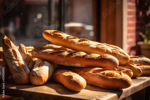 Delicious, freshly-made baguettes on display in the bakery. Natural light near a window. Generative AI.