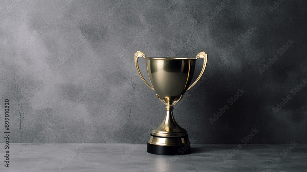Simplesmente projete o vencedor ou o copo do troféu de ouro do campeão no fundo cinza de pedra de concreto. Vitória primeiro lugar da competição. Conceito de vitória ou sucesso. Espaço de cópia de vis