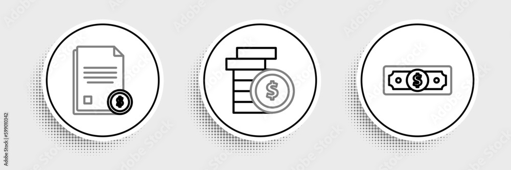 Set line Stacks paper money cash, Finance document and Coin with dollar symbol icon. Vector Set line Stacks paper money cash, Finance document and Coin with dollar symbol icon. Vector
