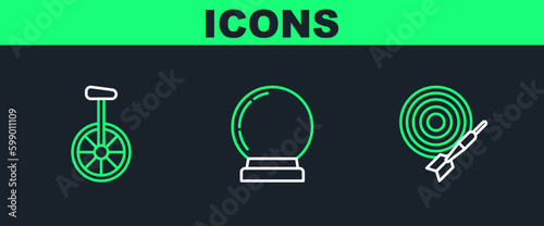 Set line Classic dart board and arrow, Unicycle or one wheel bicycle and Magic ball icon. Vector