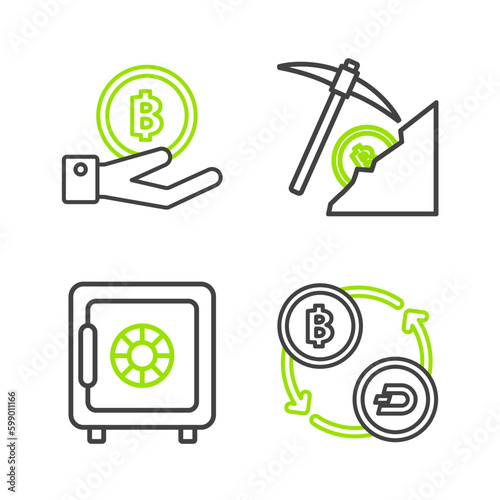 Set line Cryptocurrency exchange, Safe, cloud mining and Hand holding Bitcoin icon. Vector
