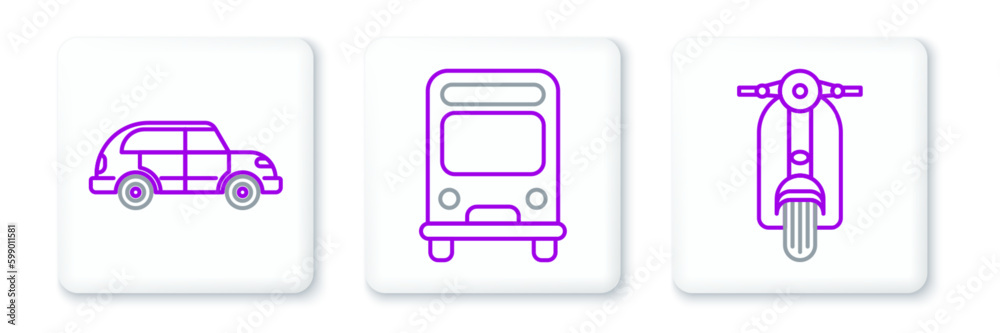 Set line Scooter, Hatchback car and Bus icon. Vector