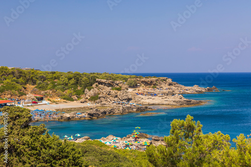 Gorgeous coastline nature landscape view with beaches and hotels in Rhodes Island. Greece. Europe.