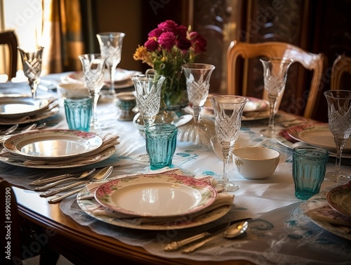 A table set with plates, cups, and silverware for a family meal
