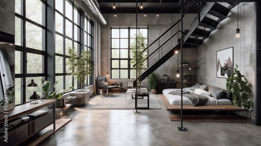 A stylish loft apartment with large windows, modern interior, and city views, generative AI