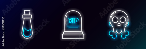 Set line Skull on crossbones, Bottle with potion and Tombstone RIP icon. Glowing neon. Vector