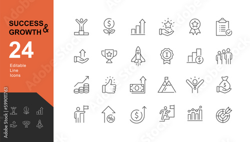 Success and Growth Editable Icons set. Vector illustration in modern thin line style of business icons: personal, professional, and financial growth, progress, career. Pictograms and infographics