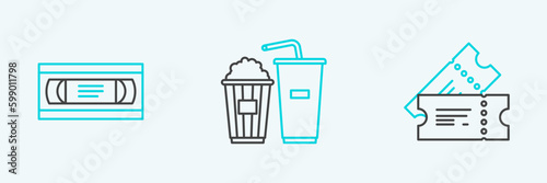 Set line Cinema ticket, VHS video cassette tape and Popcorn and soda drink glass icon. Vector