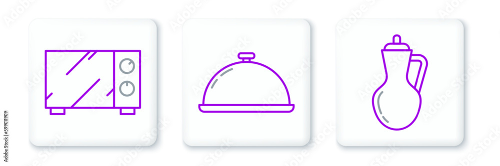 Set line Bottle of olive oil, Microwave oven and Covered with tray food icon. Vector Set line Bottle of olive oil, Microwave oven and Covered with tray food icon. Vector