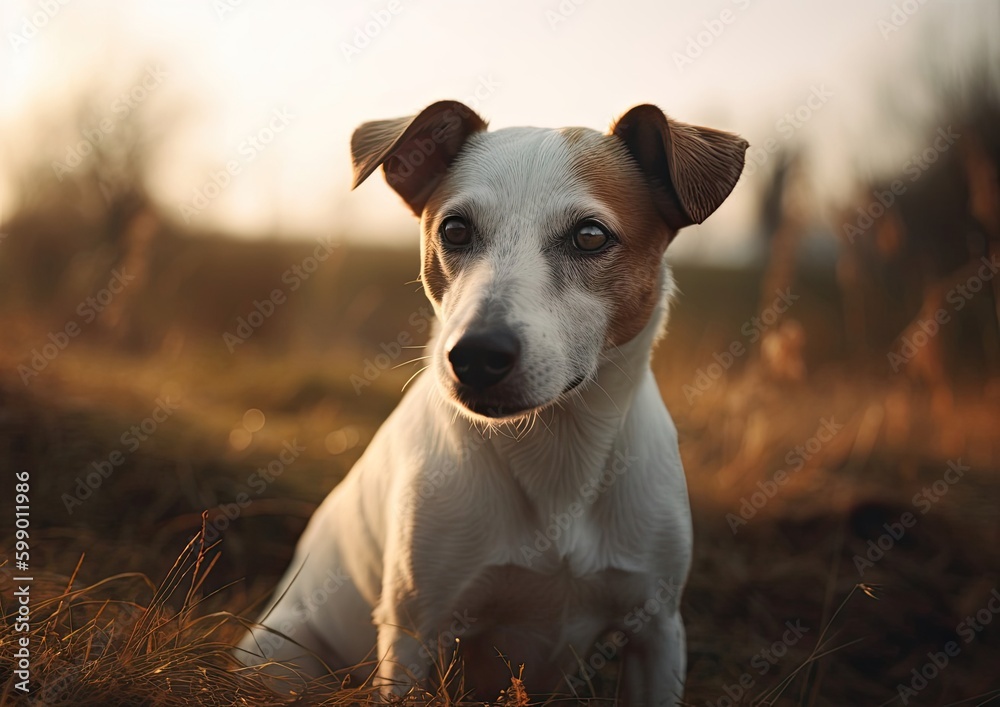 Portrait of a cute white dog sitting on the grass at sunset Generative Ai