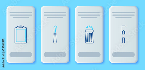 Set line Knife, Salt, Cutting board and Spatula icon. Vector