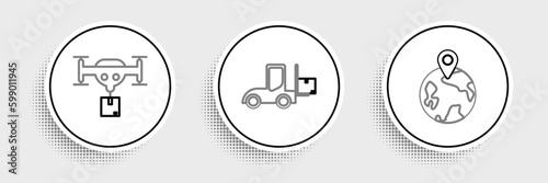 Set line Worldwide, Delivery drone with the package and Forklift truck icon. Vector