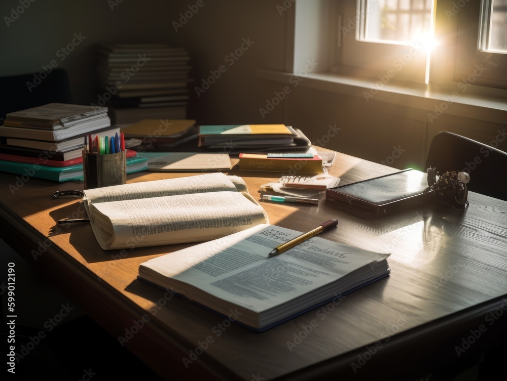 An open textbook and highlighter resting on a wooden desk An open textbook and highlighter resting on a wooden desk