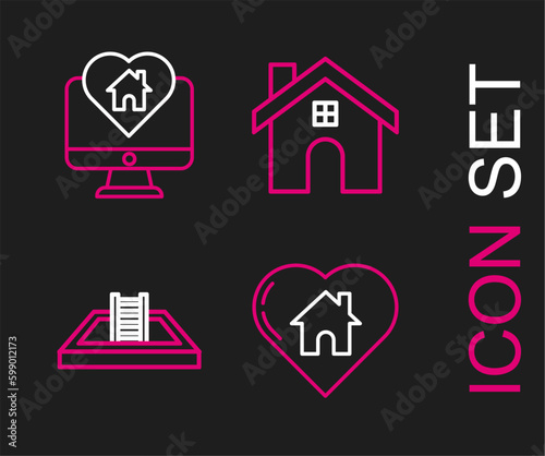 Set line House with heart shape, Swimming pool ladder, and Monitor house icon. Vector