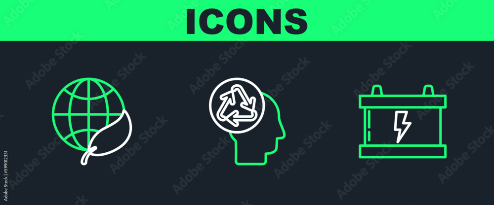 Set line Car battery, Earth globe and leaf and Human head with recycle icon. Vector
